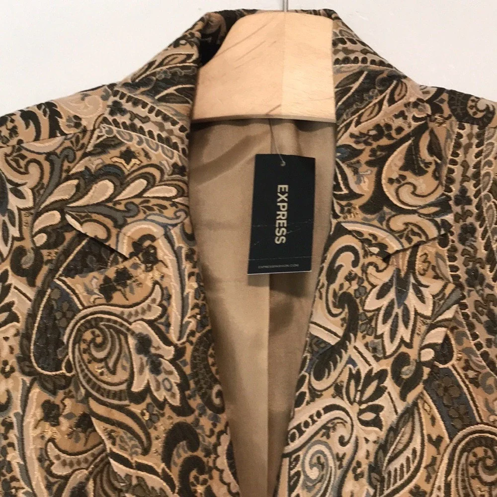 Express Women's 10 Blazer Gold Brown Paisley‎ Metallic Brocade Double Breasted